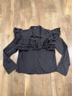 English Factory Cotton Tiered Ruffle Button Down Blouse Black Size Medium